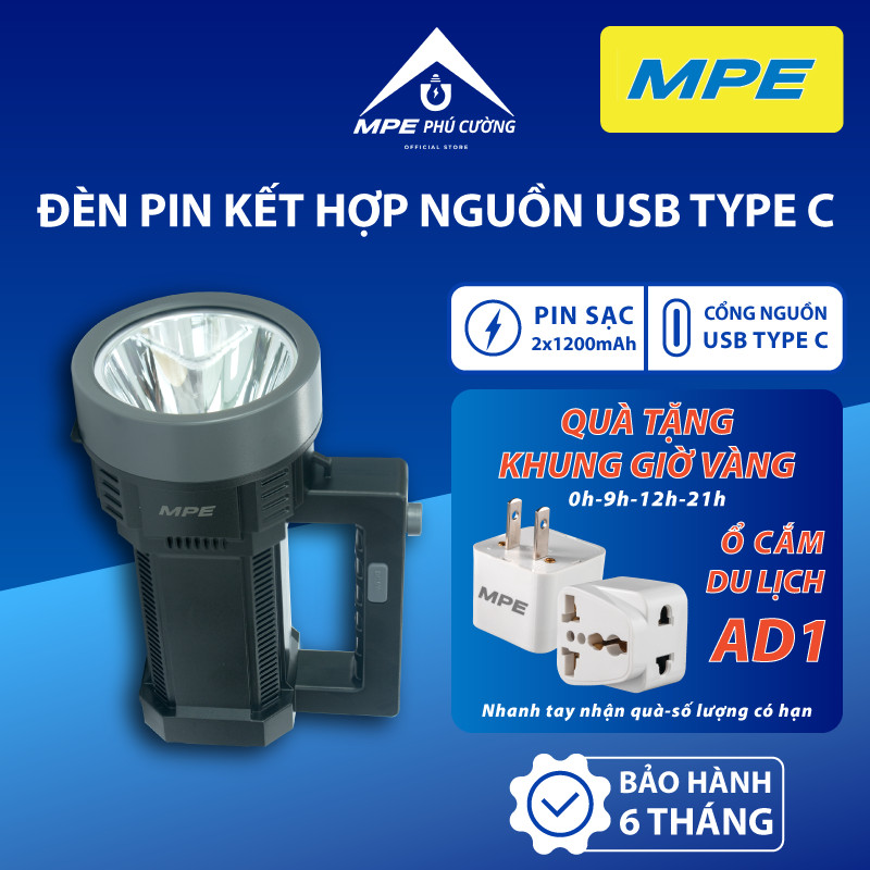 (CHÍNH HÃNG) MPE - Đèn pin đa năng 1 bóng 3W Tích hợp đầu ra nguồn USB Type C Chính hãng MPE Phú Cường