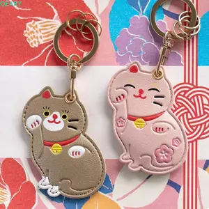 QEARY Fruit Kitty Access Card Holder, Maneki-neko Leather Fortune Cat Pendant Keyring, Tuxedo Cat Orange Flower Lovely Access Control Card Mặt dây chuyền Keyfob