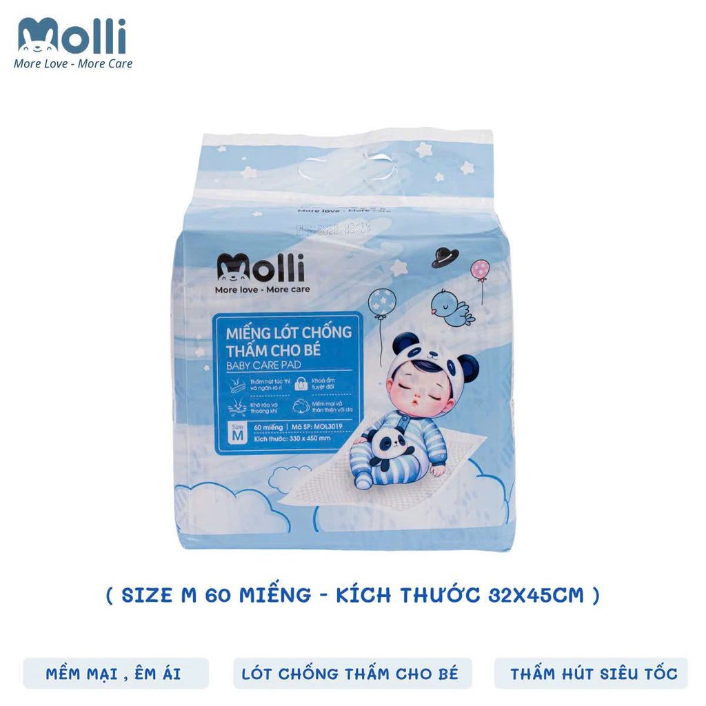 Tấm Lót Chống Thấm Dùng Một Lần Molli Cho Bé, Size S/M/L, đa dạng kích thước gói, thấm hút, tiện lợi