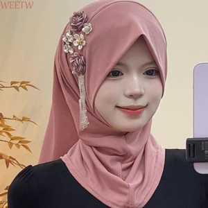 Mũ Hijab tua rua hoa WEETW, Khăn trùm đầu có dây buộc sẵn màu trơn co giãn, Vải mềm thời trang Polyester quấn đầu thoáng khí Dễ đeo