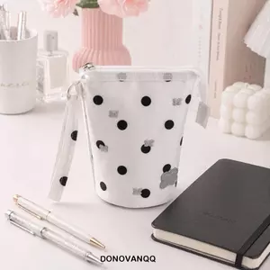 Túi đựng trang sức chấm bi DONOVANQQ, Túi trang điểm trắng đen nhẹ bền bỉ, Hộp đựng bút chì cầm tay đa chức năng dung lượng lớn thanh lịch hàng ngày