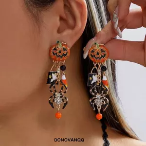 Bông tai Halloween DONOVANQQ, Bông tai bí ngô đính đá, Mẹo xu hướng hoặc điều trị Bông tai Dangle nhện đen Ngày lễ các thánh