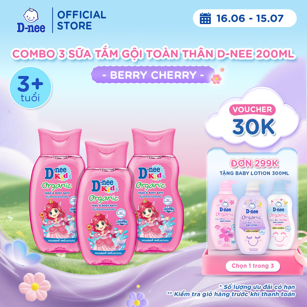 Combo 3 Tắm gội toàn thân trẻ em (>3 tuổi) D-nee 200 ML/Chai - Berry Cherry