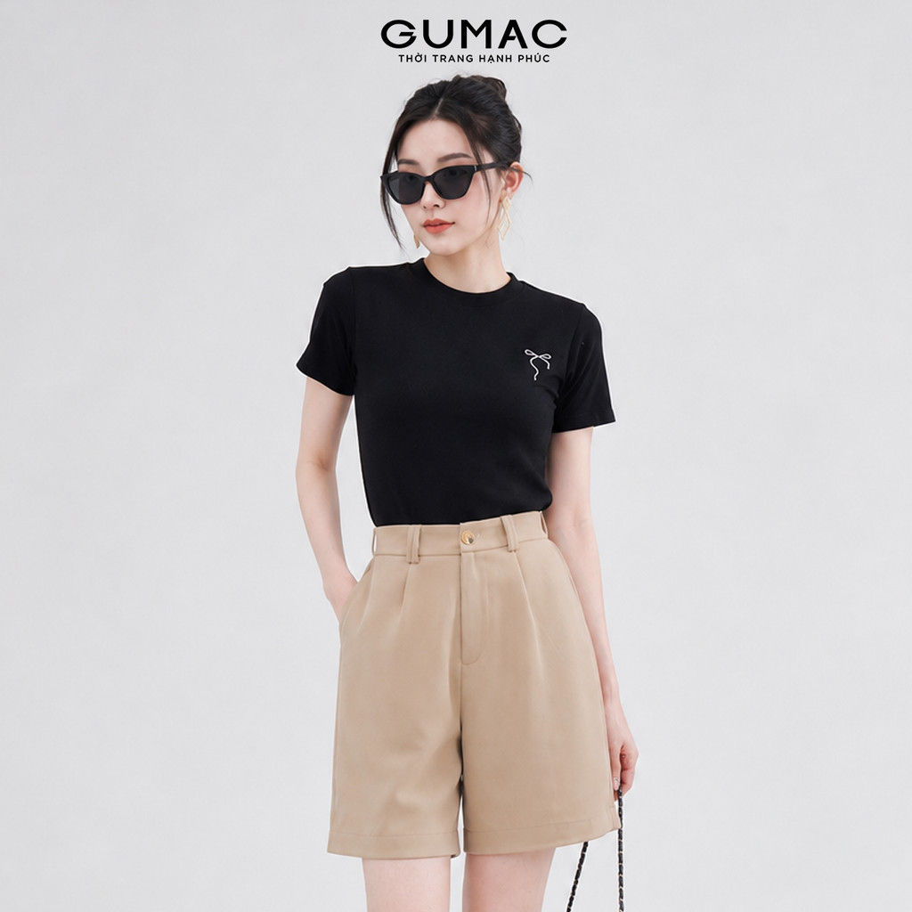 Áo Thun Nữ Kiểu Dáng Ôm Slimfit Cổ Tròn Thêu Nơ Chất Thun Gân Sọc Co Giãn Thoáng Mát Thời Trang GUMAC LATF0624