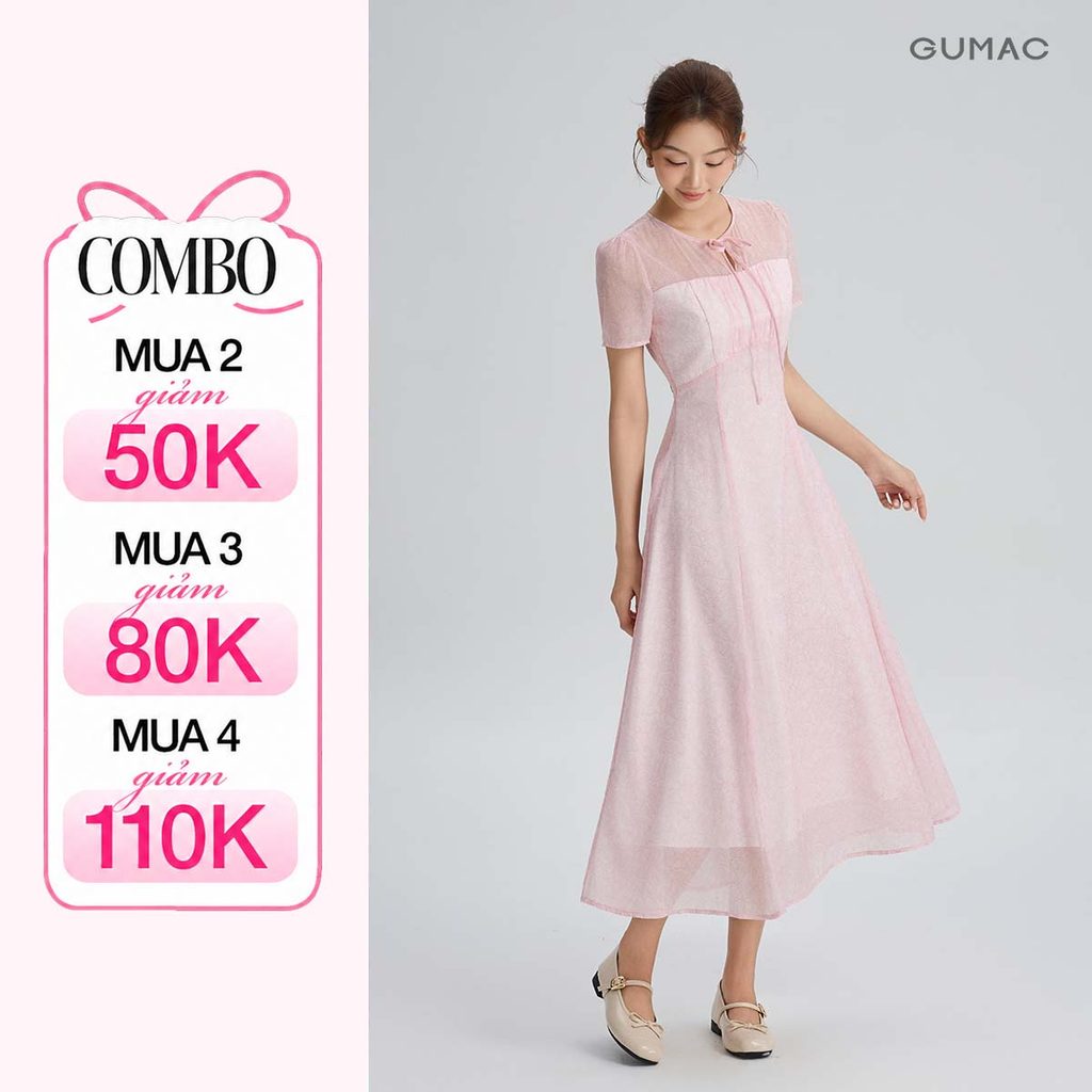 Đầm Nữ Dáng A Xòe GUMAC Họa Tiết Hoa Cổ Tròn Cột Nơ Cách Điệu Chất Tơ Ánh Kim 2 Lớp Thoáng Mát DG05070