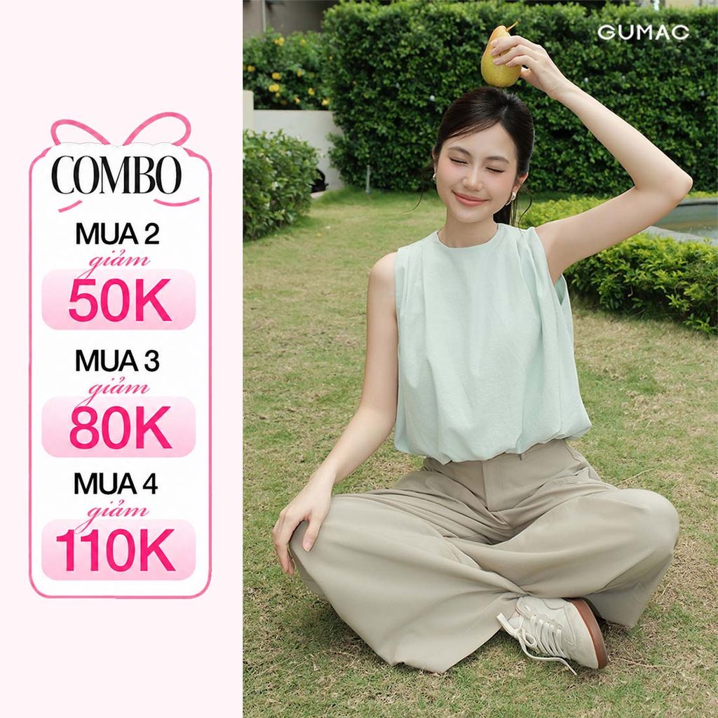 Áo Kiểu Nữ GUMAC Form Bí Không Tay Cổ Tròn Chất Kate Ford 2 Lớp Cao Cấp Trẻ Trung YAG05009
