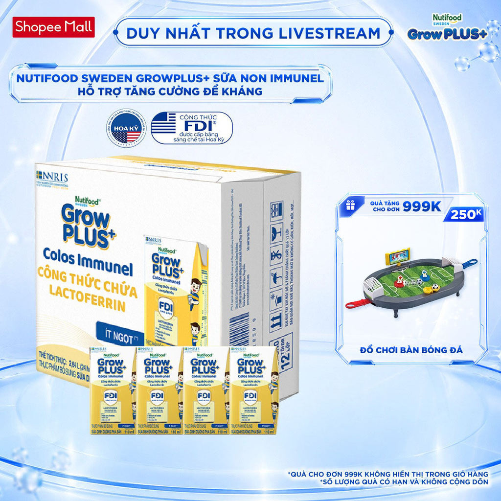 Thùng 24 hộp Sữa Bột Pha Sẵn Nutifood Sweden GrowPLUS+ Sữa Non Immunel (24 hộp x 110 ml) (Bao bì tuỳ lô hàng)