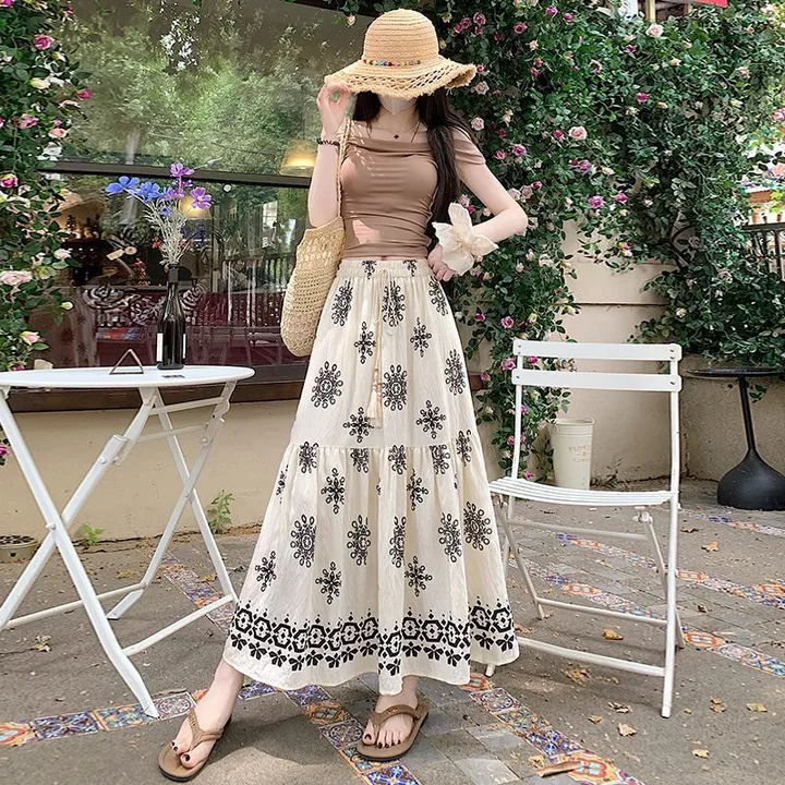 Váy Bohemian Nữ Phong Cách Dân Tộc Váy Xoay Lớn Cao Cấp Váy Dài In Hình Váy Chữ a