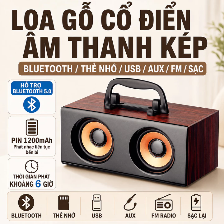 Loa Gỗ Bluetooth Loa Không Dây Loa Thẻ Nhớ USB Loa Kép Loa Sạc Pin Loa Mini Cầm Tay Loa Nghe Nhạc Bảo Hành 3 Năm