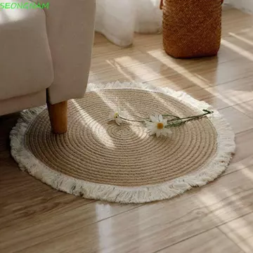 Thảm trải sàn tròn SEONGNAM, Thảm dệt dây Cotton chống trượt, Thảm trải sàn bằng tay mềm mại phong cách tự nhiên Thảm trải sàn phòng ngủ