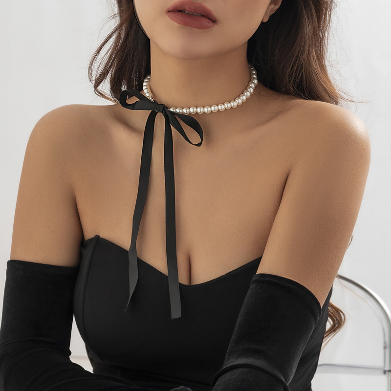 [băng] Vòng cổ cổ dài cổ điển Nơ xương đòn Vòng cổ ngọc trai ruy băng DIY dành cho nữ