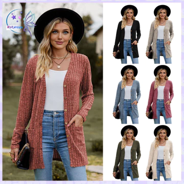 Rotyroya- Áo len có túi Áo len dệt kim nữ Áo len cardigan dài mùa thu dành cho nữ Áo len cổ chữ V Nút dệt kim phía trước có túi Áo khoác ngoài dài tay nhẹ cho mùa thu