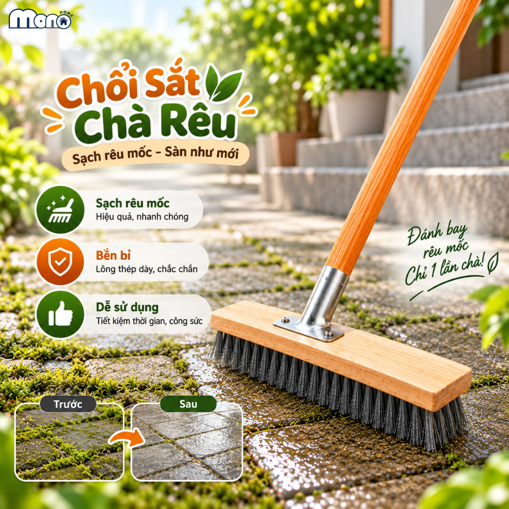 Chổi Sắt Chà Rêu Cán Gỗ Cao Cấp MONO, Bàn Chải Cọ Sàn Sợi Inox 304 Không Gỉ Đánh Bay Mảng Bám Vệ Sinh Sân Vườn
