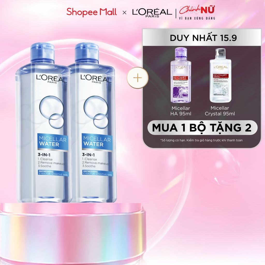 Bộ 2 nước tẩy trang đa năng 3in1 tươi mát L'Oreal Paris (xanh dương nhạt) 400ml