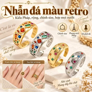 【Thiết Kế Mở Điều Chỉnh】 Nhẫn hở kiểu Pháp cổ điển đính đá quý màu sắc, nhẫn vàng và bạc sang trọng, khoét rỗng, bản rộng, có thể điều chỉnh kích thước, đa năng. Nhẫn Nữ/Nhẫn Đá Quý/Nhẫn Pháp/Nhẫn Cổ 