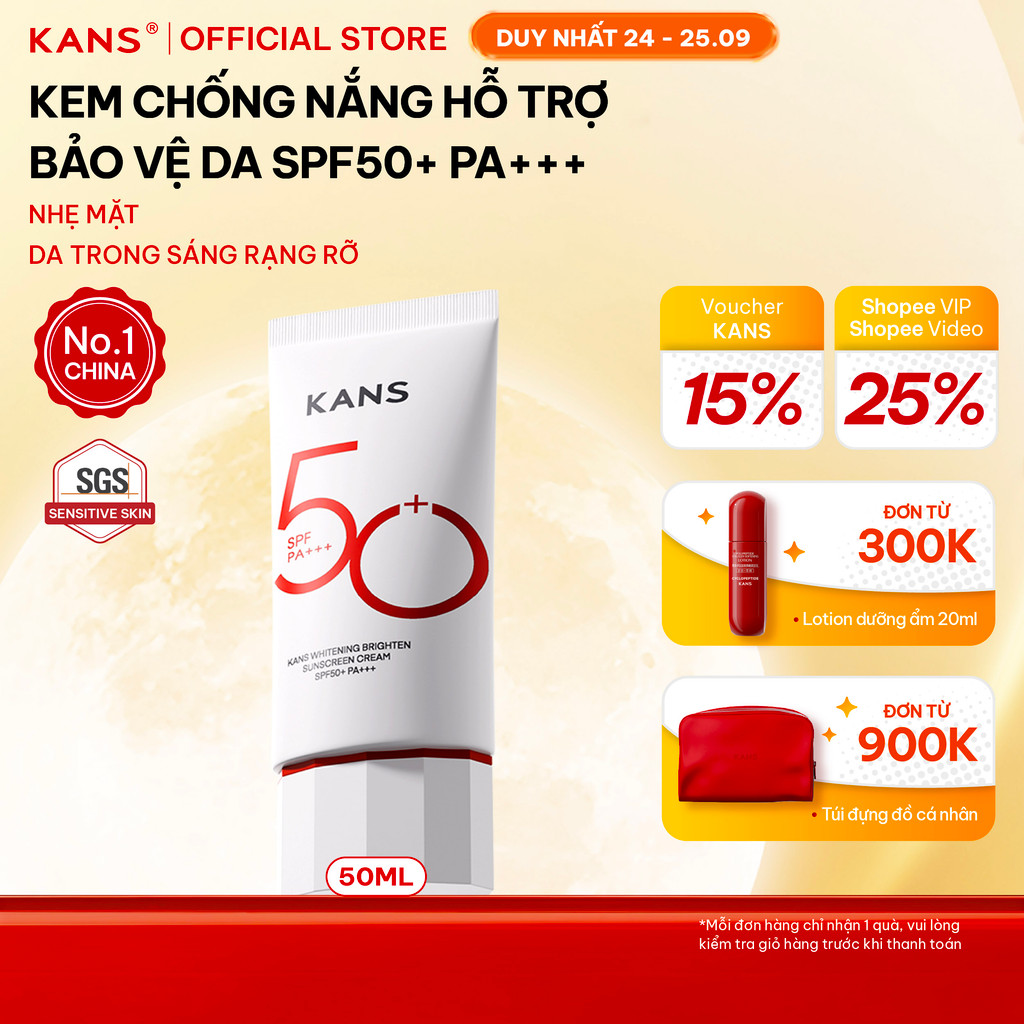 KANS Kem Chống Nắng Nâng Tông giúp Bảo Vệ Da, Dưỡng Ẩm, Làm Sáng Da SPF50+ PA+++ 50g phù hợp với mọi loại da