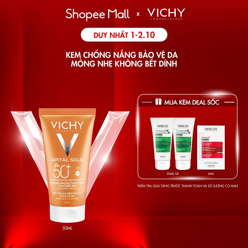 Kem chống nắng bảo vệ da mỏng nhẹ không bết dính SPF 50+ UVA & UVB Vichy Capital Soleil Dry Touch