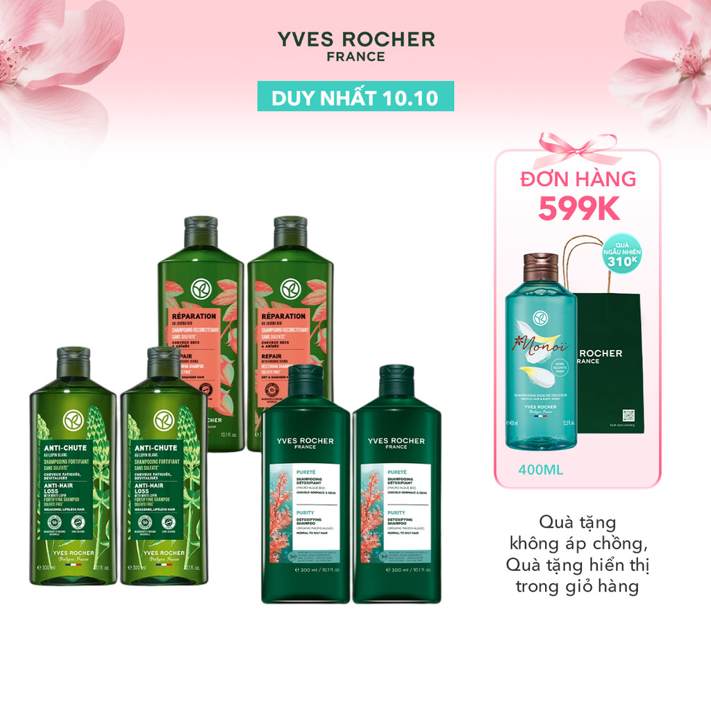 Combo 2 dầu gội thiên nhiên không Sulfate không Silicone Yves Rocher 300mlx2 (nhiều phân loại)