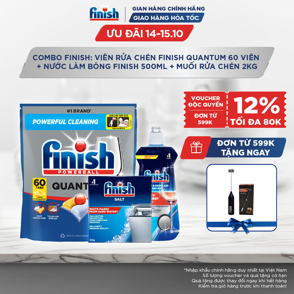Combo Finish: Viên Rửa Chén Finish Quantum 60 viên + Nước làm bóng Finish 500ml + Muối rửa chén 2kg