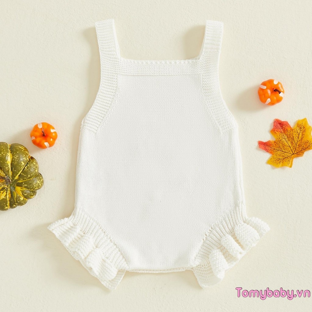 Bộ đồ liền thân thêu bí ngô cổ vuông không tay cho bé gái