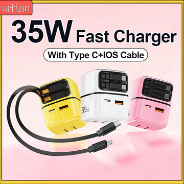 Bộ sạc nhanh 35W Bộ sạc tường GaN Tích hợp cáp C & IOS có thể thu vào Cáp sạc nhanh Điện thoại sạc du lịch Bộ sạc du lịch có thể gập lại Đầu sạc cắm US cho điện thoại / máy tính xách tay / máy tính bả