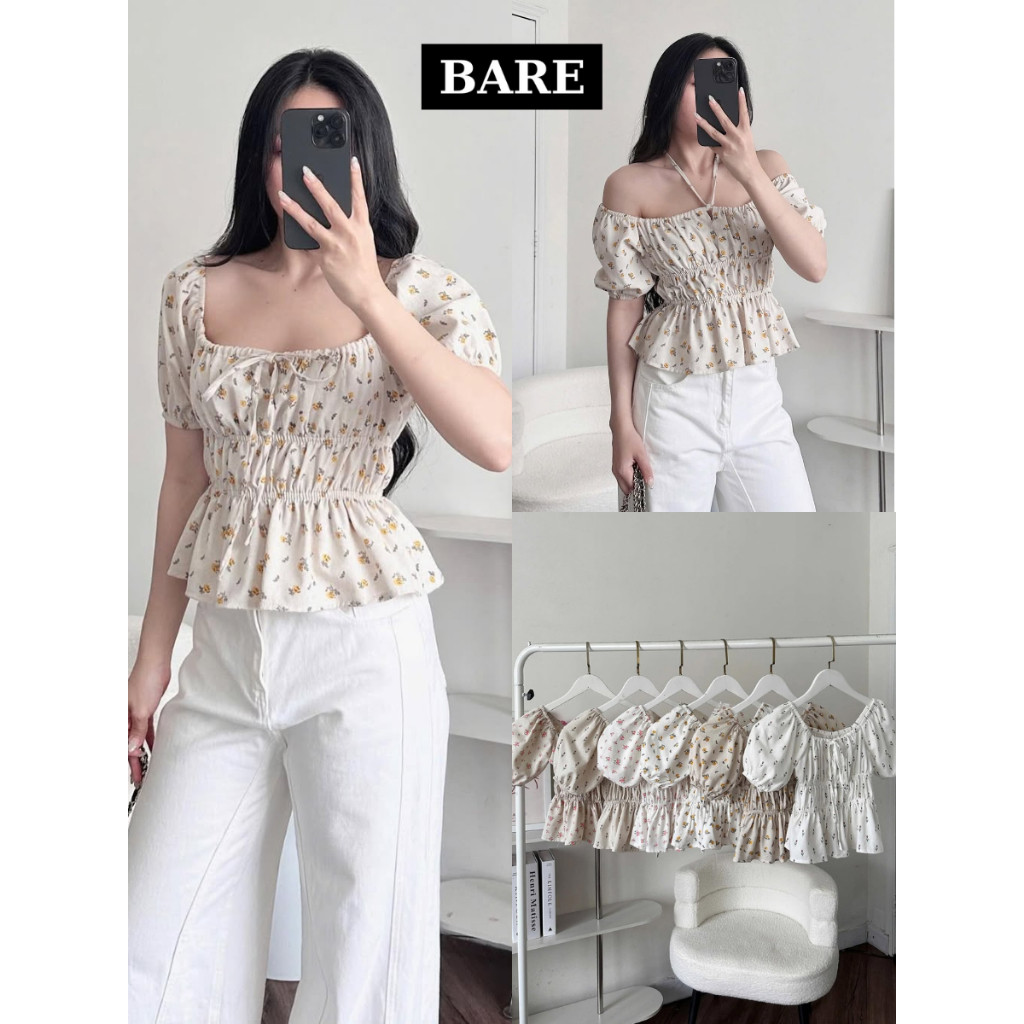 Áo Kiểu Babydoll Tay Ngắn Bo Chun Cột Nơ Chất Linen Mát, Áo Tay Phồng Họa Tiết Hoa Nhí_A490