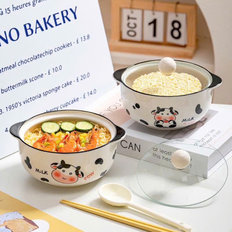 Tô Sứ Hình Bò Sữa 800ml Có Nắp – Tô Ăn Mì, Tô Cơm, Tô Cháo Dễ Thương, Giữ Nhiệt Tốt, An Toàn Lò Vi Sóng
