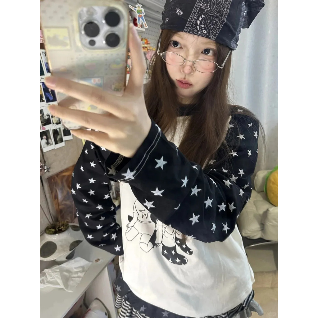 Milyfashion Rời Kích Thước Lớn Thường Ngày Lười Tương Phản Màu Khâu Retro Top Ngôi Sao In Cổ Tròn Tay Dài T Y2K