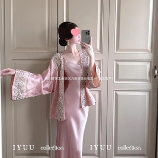Bộ hai mảnh phong cách Trung Hoa thêu thanh lịch: áo khoác jacquard retro và đầm camisole cho Nữ