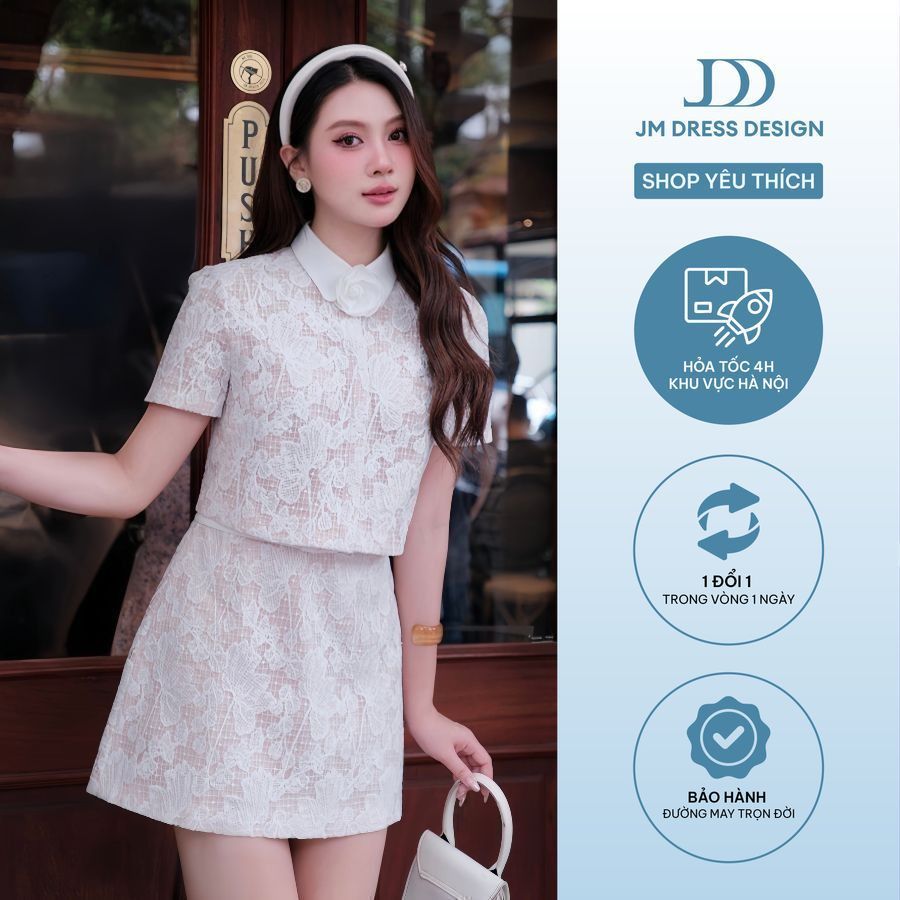 Set Áo Croptop Cổ Đức Ren Hoa 2T33.2506, Chân Váy A Nơ Eo 4S20.2506L. Đồ Set Nữ Ren Trắng Romantic Preppy 2025 bởi JM