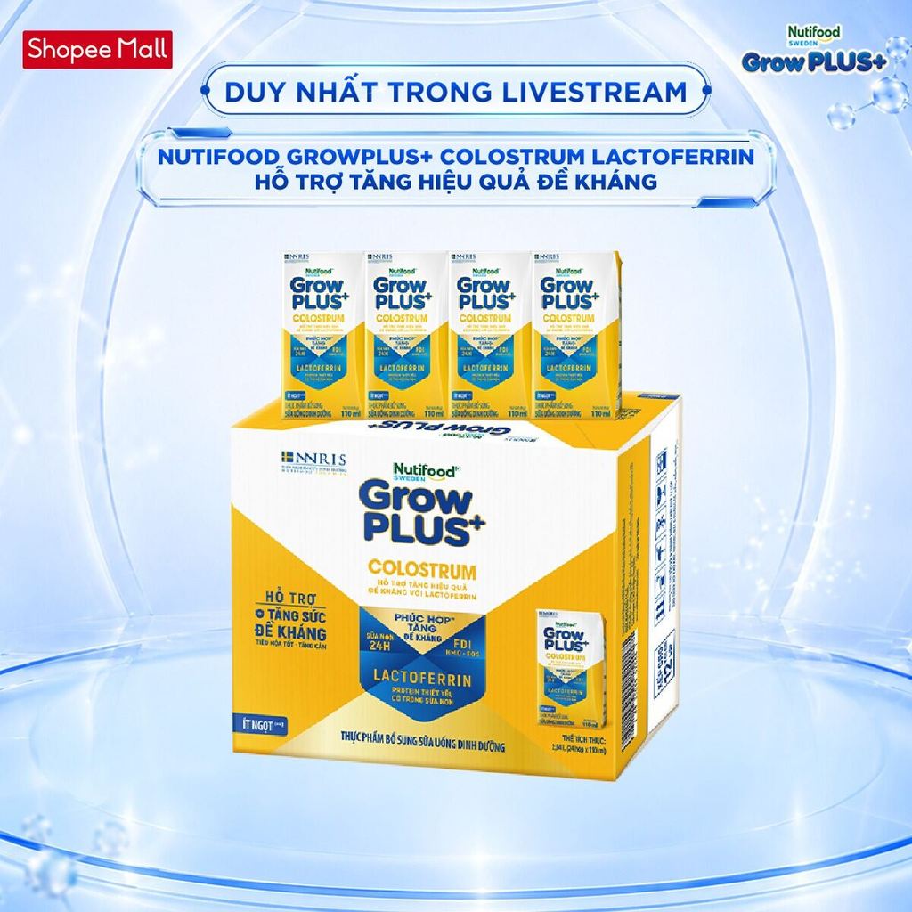 [Livestream KOL] Thùng 24 hộp Sữa bột pha sẵn Nutifood Sweden GrowPLUS+ Colostrum Lactoferrin 110ml