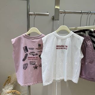 Mùa Hè Bé Trai In Chữ Áo Vest Không Tay Phong Cách Hàn Quốc Cotton Nguyên Chất Rời Cổ Tròn Sóng Viền Áo Vest Top