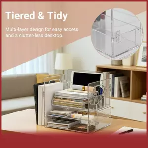 Giá lưu trữ đa chức năng trong suốt ba lớp cho mỹ phẩm văn phòng phẩm và sách có tay cầm tiện lợi