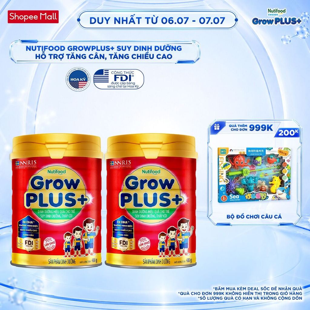 Combo 2 Sữa Bột Nutifood GrowPLUS+ Đỏ (Suy Dinh Dưỡng) 400g - Trên 1 Tuổi - Tăng Cân, Tăng Chiều Cao (2 Lon x Lon 400g)