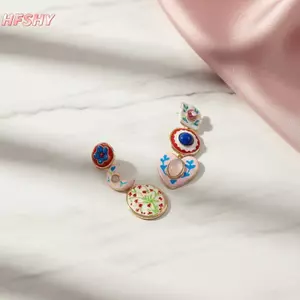 HFSHY Bất Đối Xứng Men Thả Bông Tai Vẽ Tay Hoa Mặt Trăng Trái Tim Thiết Kế Quà Tặng Cho Nữ Đảng Hàng Ngày Mặc VN