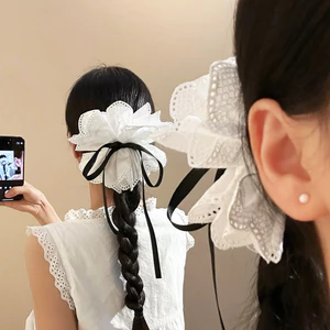 Pháp Trắng Ren Nơ Đuôi Ngựa Kẹp Tóc Nữ Cảm Thấy Lưng Đầu Tóc Cá Mập Kẹp Mũ Đội Đầu PHQF