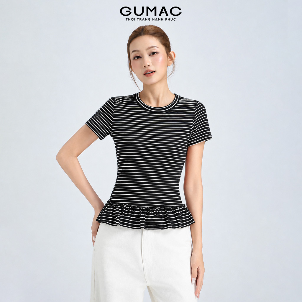 Áo Thun Nữ Tay Ngắn GUMAC Form Ôm Vừa Vặn Cổ Tròn Lai Bèo 2 Tầng Chất Sọc Mịn Mềm Mát Trẻ Trung LATG06043