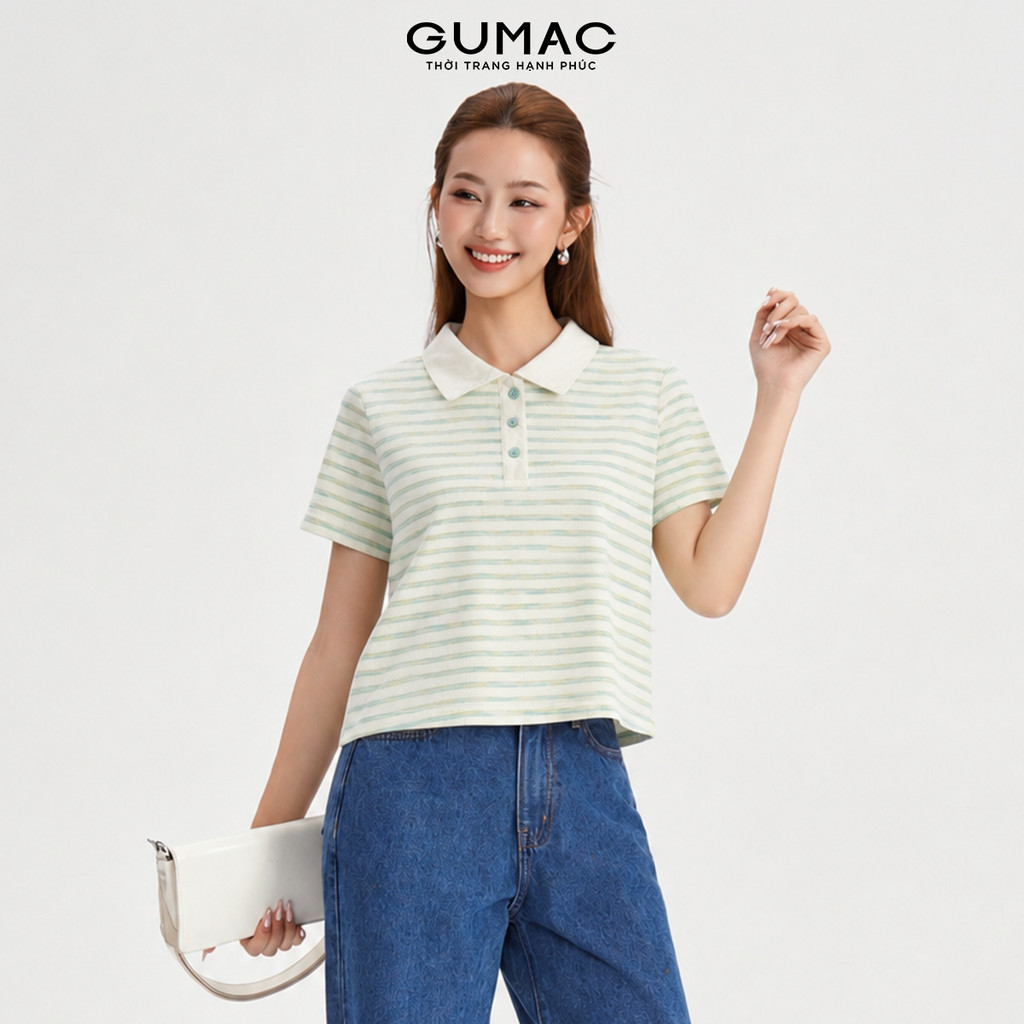 Áo Polo Nữ GMORNING Form Suông Chất Thun Gân Sọc Mát Phối Lá Cổ Nhọn Tay Ngắn Cài Nút Cùng Màu Trẻ Trung YAPG07024