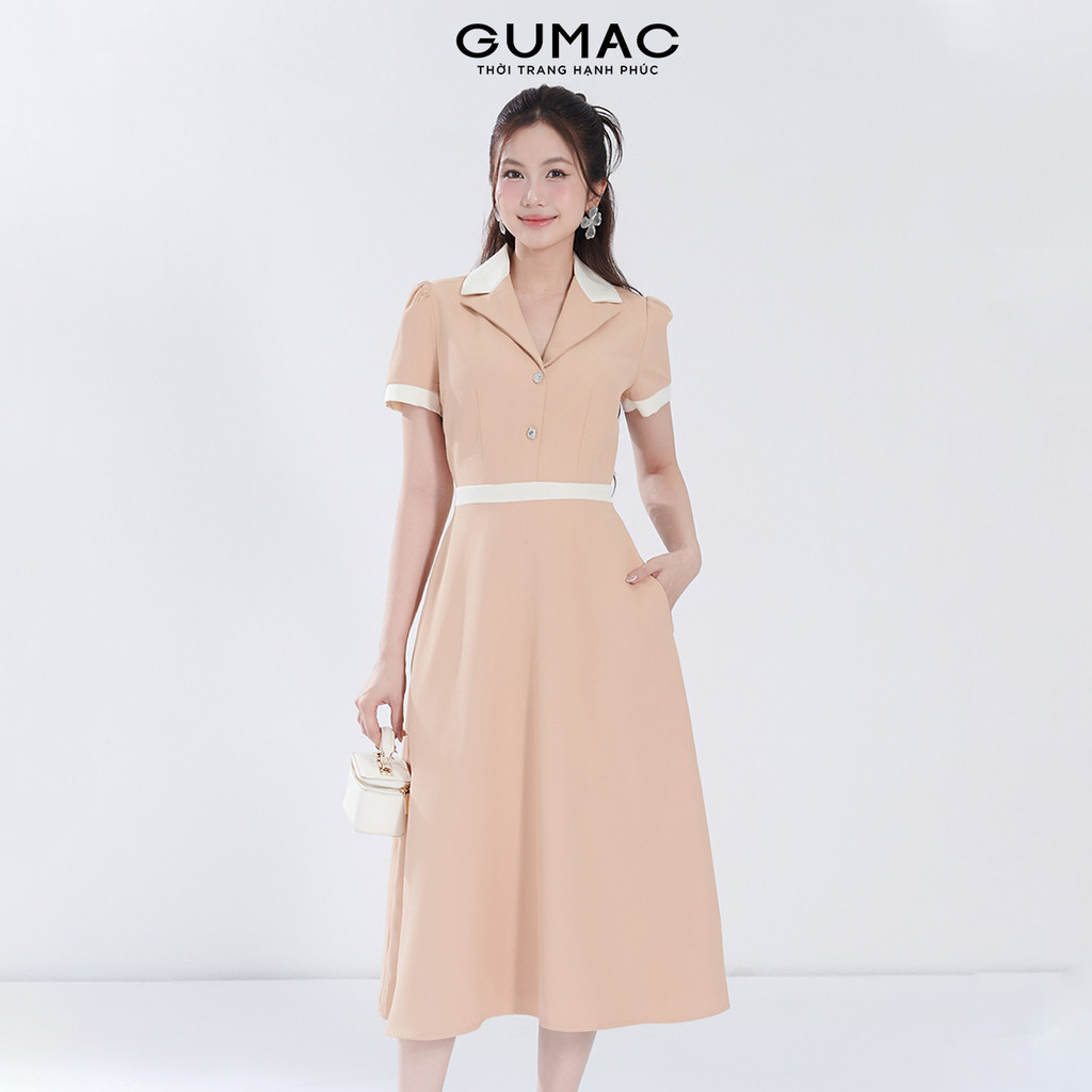 Đầm Nữ Dáng A Xòe GUMAC Cổ Danton Phối Viền Trắng Cách Điệu Chất Cotton Xẹc Mềm Mát DF06012
