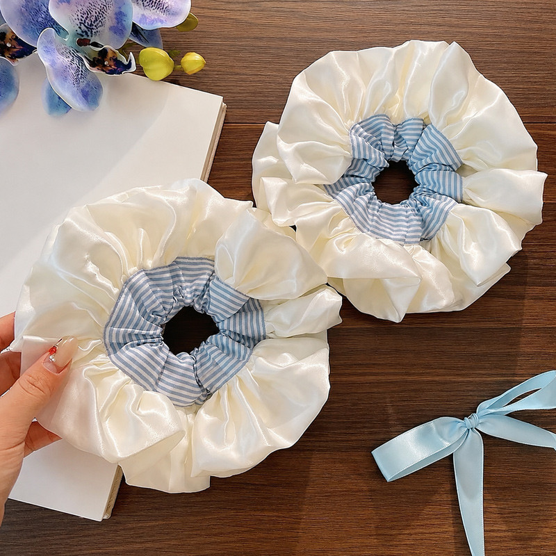 [Bela] Dây buộc tóc sọc xanh lớn nhẹ nhàng phong cách Hàn Quốc dành cho nữ Phụ kiện tóc đa năng Satin đơn giản Scrunchies