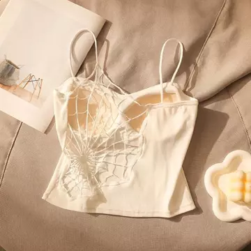 PROPOSEDTRADE Spider Web Crop Top, Áo hai dây Cotton không lưng, Thời trang có miếng lót áo ngực Slim Fit Phong cách Hàn Quốc Áo Vest rỗng Áo dạo phố