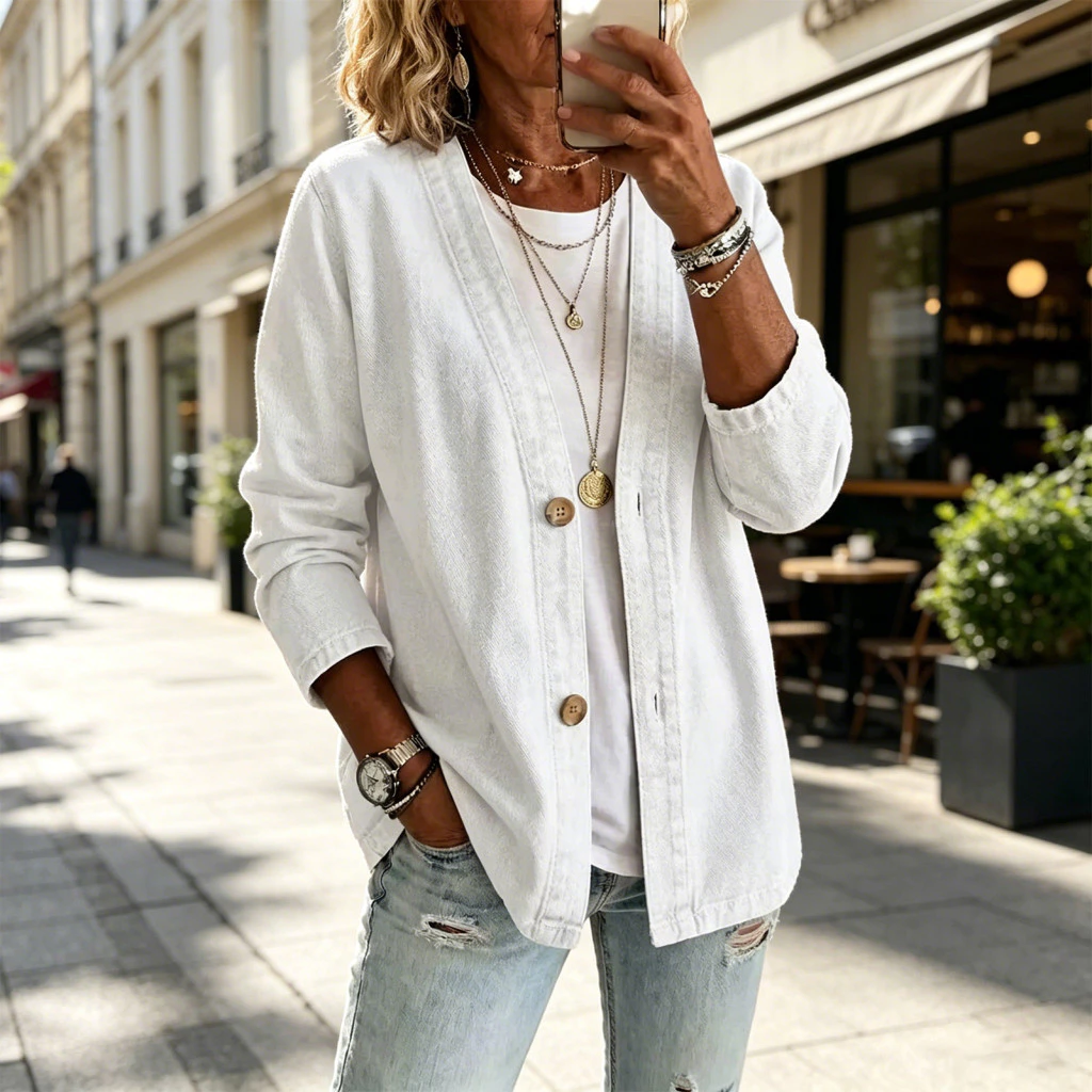 [Aresuit] Áo khoác nữ Áo khoác thoải mái Áo khoác Denim giả cổ điển dành cho nữ Áo khoác dài tay phía trước Áo khoác dáng rộng vừa vặn Quần jean giả Cardigan sành điệu Nhẹ cho hàng