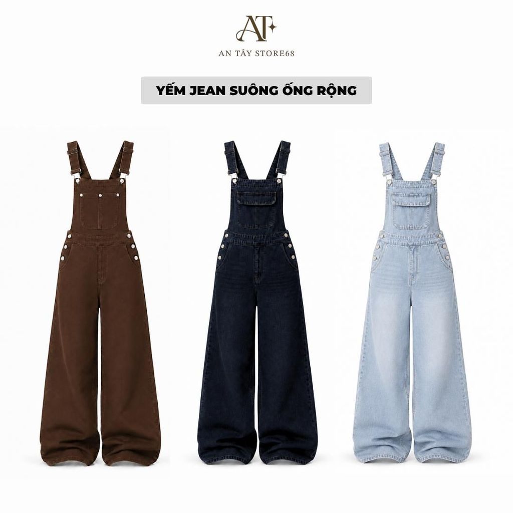 Yếm Jean Nữ Dáng Dài Ống Rộng – AN TÂY – Form Suông Cao Cấp – #8737/8738 – Màu Xanh Nhạt/Xanh Than/Nâu