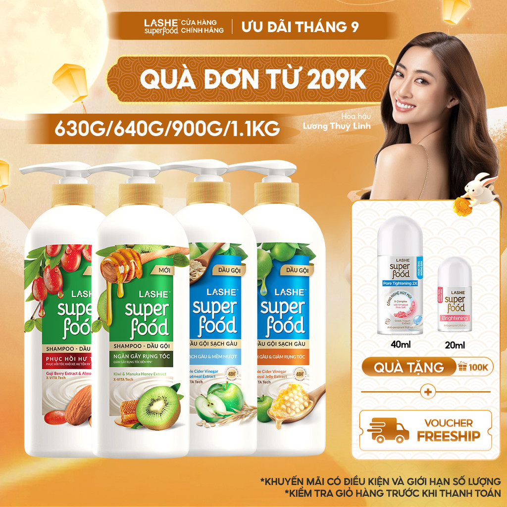 Dầu Gội LASHE SUPERFOOD Ngăn Gãy Rụng Tóc/Phục Hồi Hư Tổn /Sạch Gàu Giảm Rụng /Sạch Gàu Mềm Mượt 300G/ 640G/ 630G/ 1.1KG