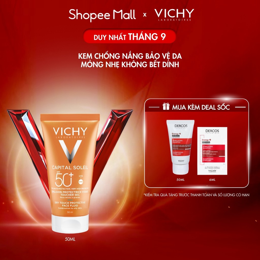 Kem chống nắng bảo vệ da mỏng nhẹ không bết dính SPF 50+ UVA & UVB Vichy Capital Soleil Dry Touch