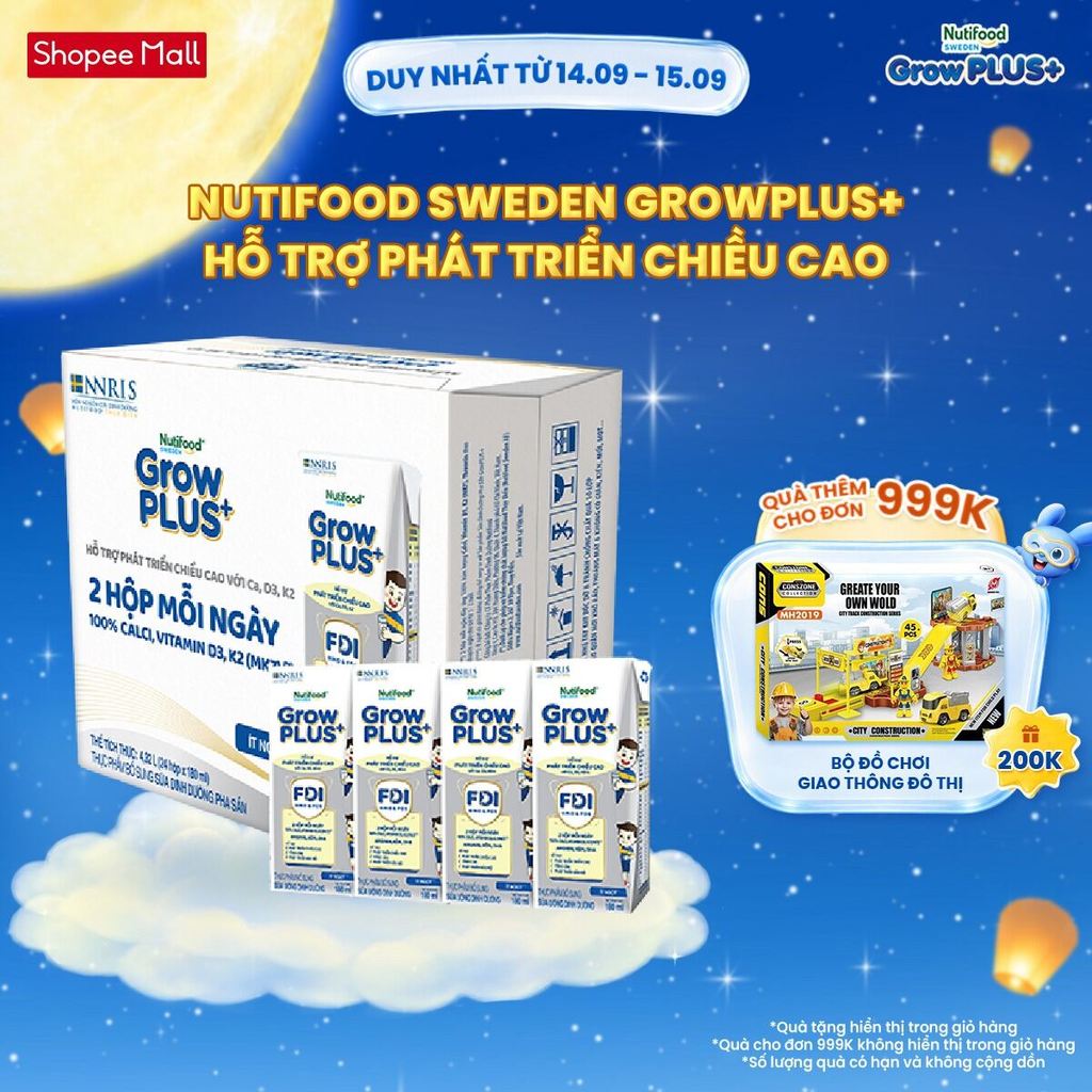 Thùng 24 hộp Sữa Bột Pha Sẵn Nutifood Sweden GrowPLUS+ Cao lớn vượt trội 24 hộp 180 ml