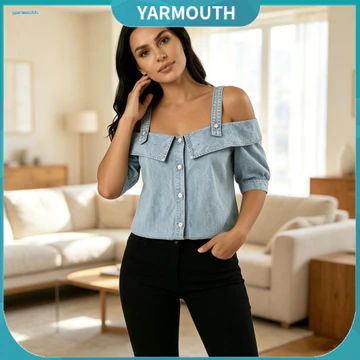 YYR _ Áo sơ mi thoáng khí Áo sơ mi vải thân thiện với da Áo sơ mi Denim lệch vai dành cho nữ Áo sơ mi ngắn tay dáng rộng vừa vặn Ve áo công sở hàng đầu Dự tiệc kỳ nghỉ Áo sơ mi thời trang Cắt lát cho 