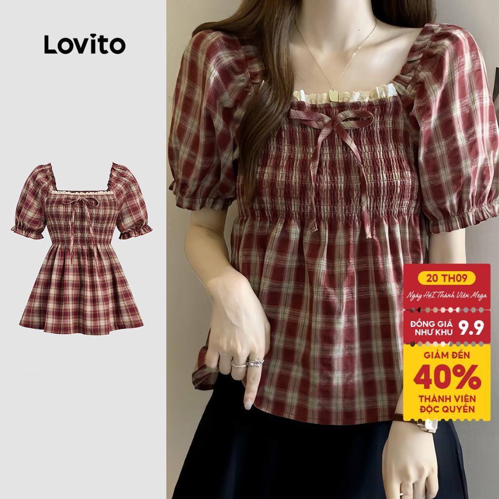 Áo Lovito nhún thun lai bèo xếp nếp viền cổ mùa xuân/hè phong cách thường ngày cho nữ L178ED583