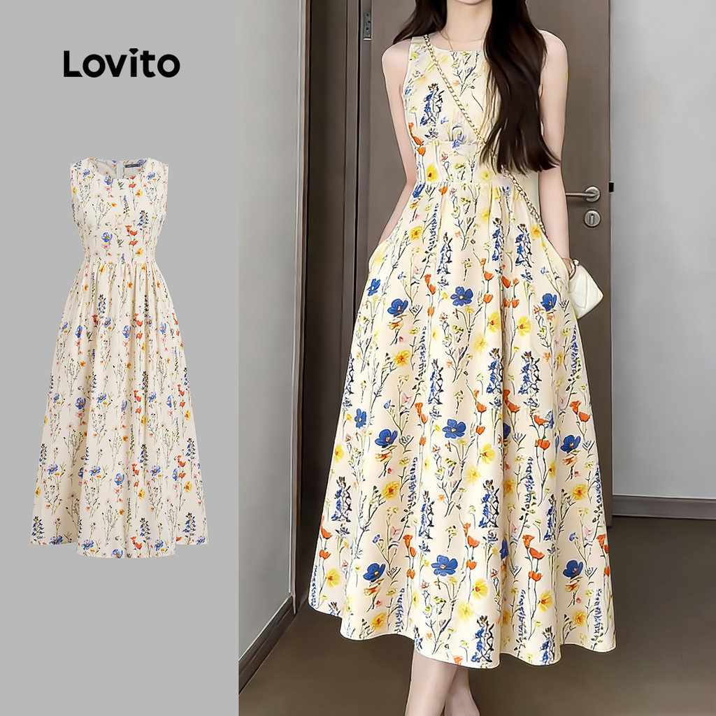 Lovito Kỳ nghỉ Đầm hoa nữ dáng suông Romatic với chi tiết cấu trúc túi LK4AD022
