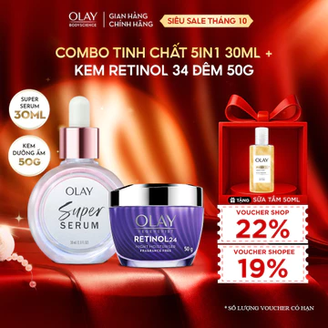 [LIVE] Combo Super Serum OLAY 5IN1 Chai 30ml + Kem Dưỡng OLAY Retinol 24 Ban Đêm Tái Tạo Da Chống Lão Hóa Toàn Diện 50g
